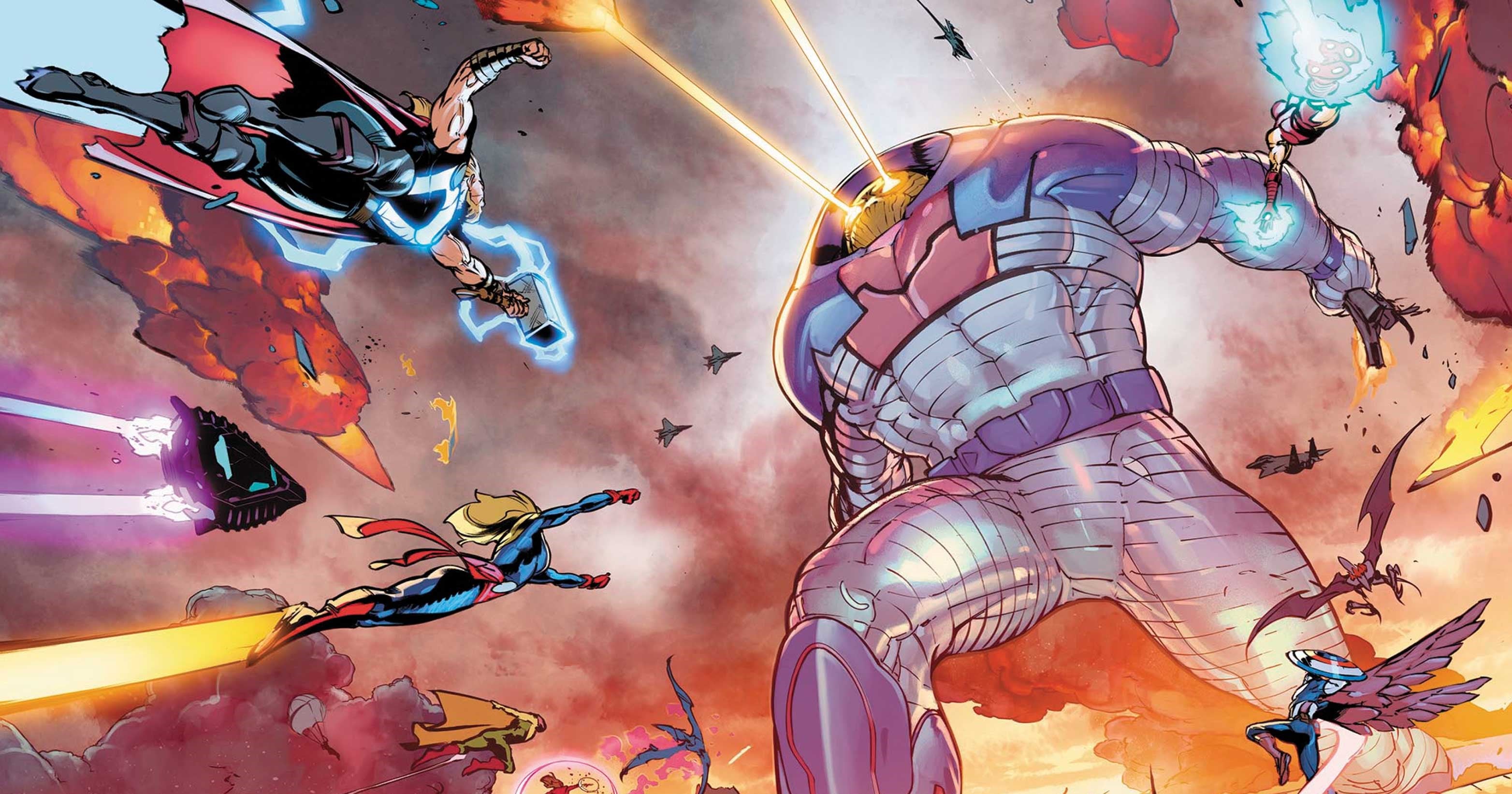 tthe avengers fighting against a large villain